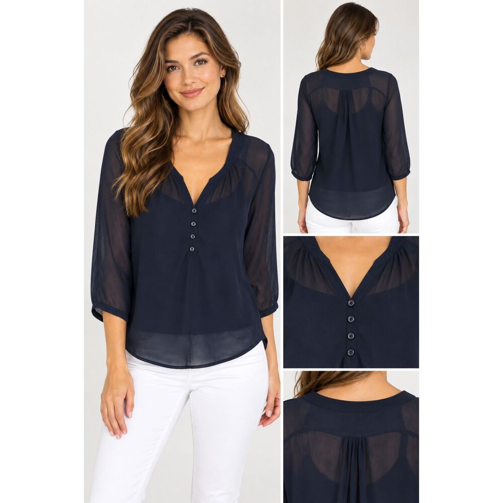 ZARA Basic Women S Navy Blue Sheer Blouse 3/4 Sleeve V Neck Button Front Top #22